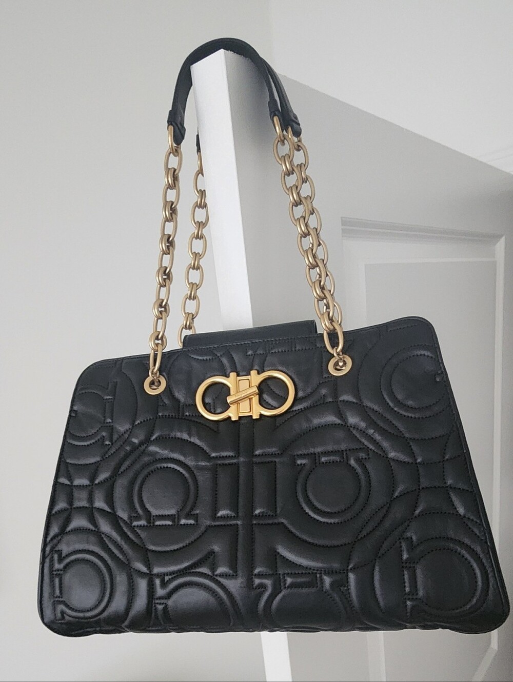 Salvatore Ferragamo Black Quilted Leather Shoulder Bag with Gold Chain